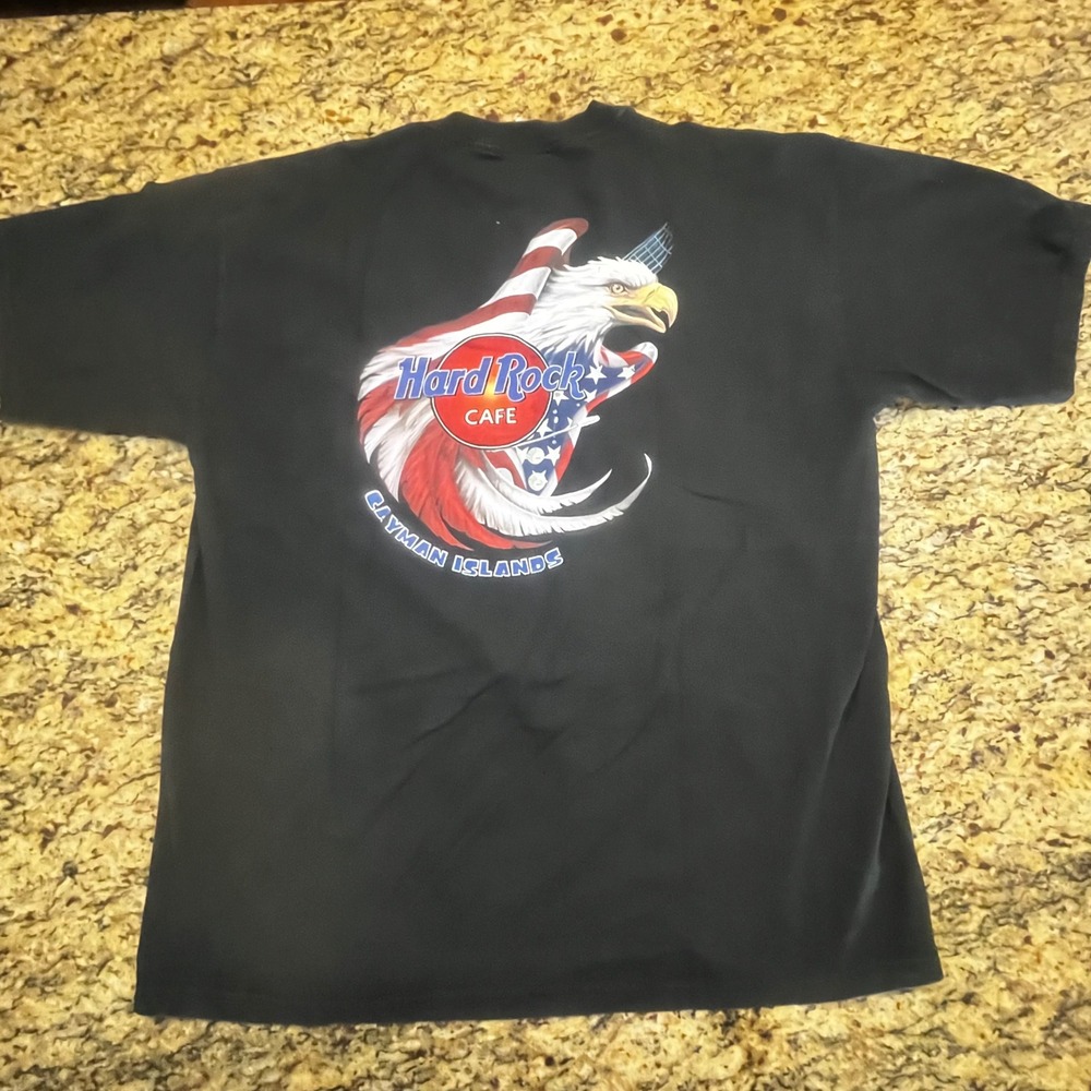 Hard Rock Cafe Cayman Islands T-Shirt Mens XL Black Eagle American Flag Graphic